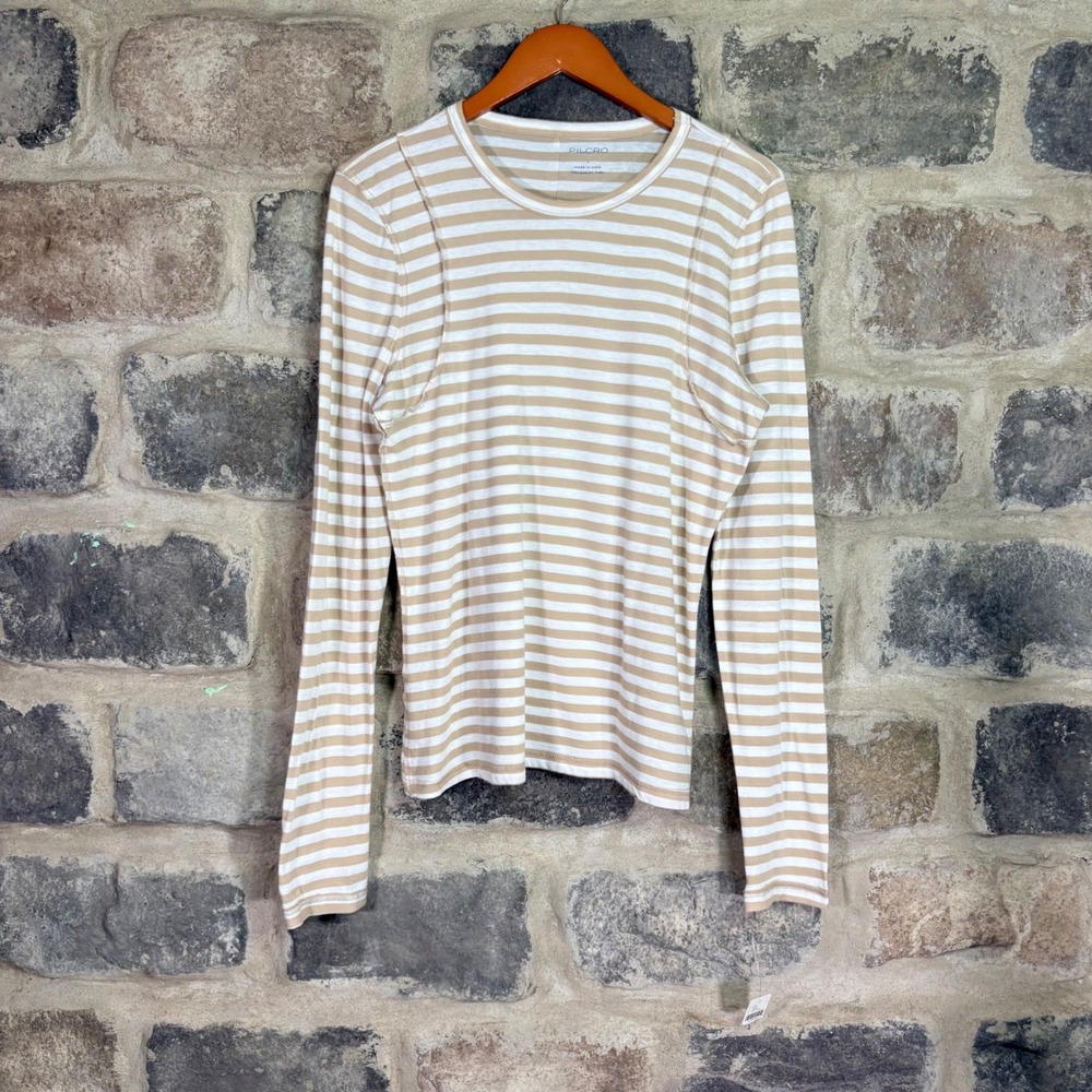 Pilcro Womens Striped Long Sleeve Tee Light Sand White OB2305515 Size L Neutral
